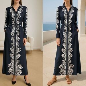 Elie Tahari Navy and White Long Sleeve Dress
